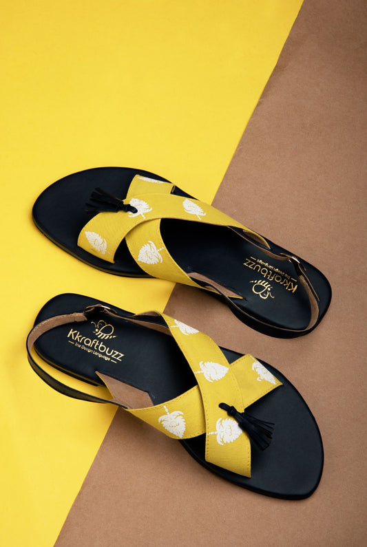 Printed Yellow Fabric Tassel Sandals