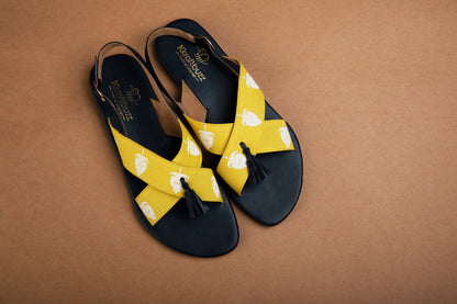 Printed Yellow Fabric Tassel Sandals