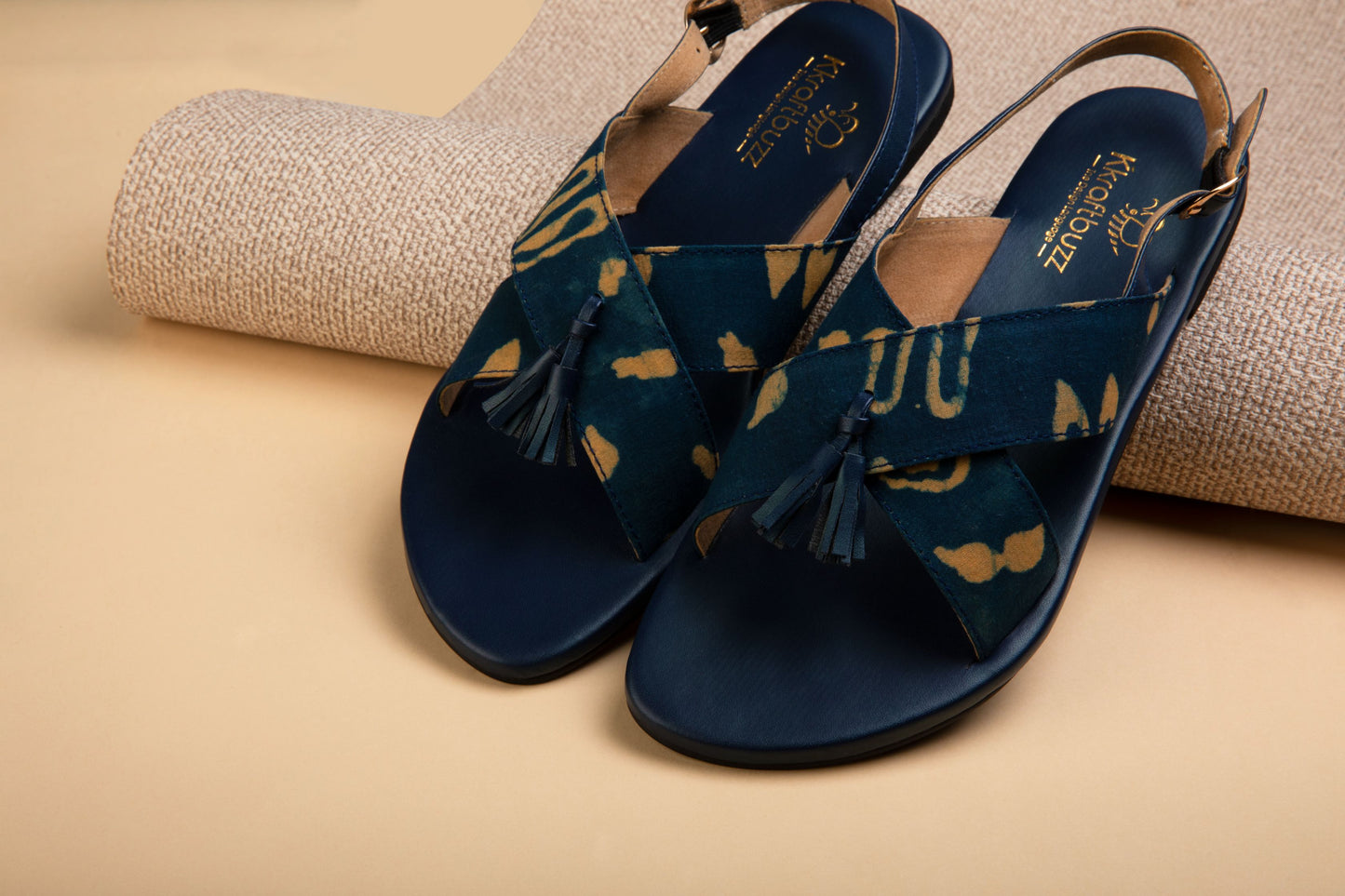 Printed Blue Fabric Tassel Sandals