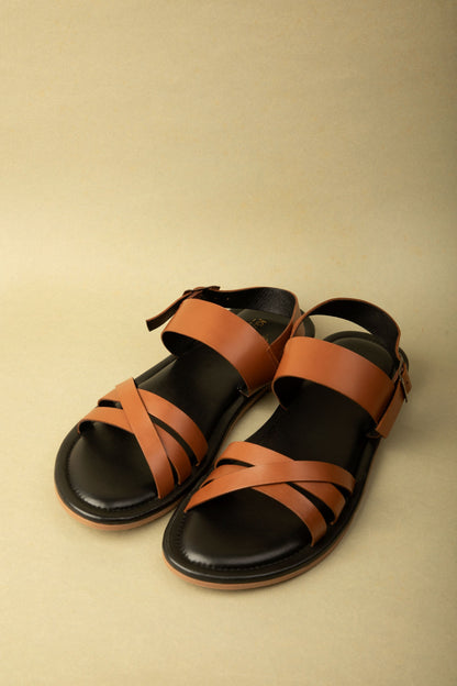 Tan Brown Leather Cushioned Sandals
