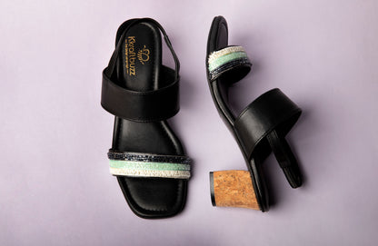 Embellished Black Block Heel Sandals