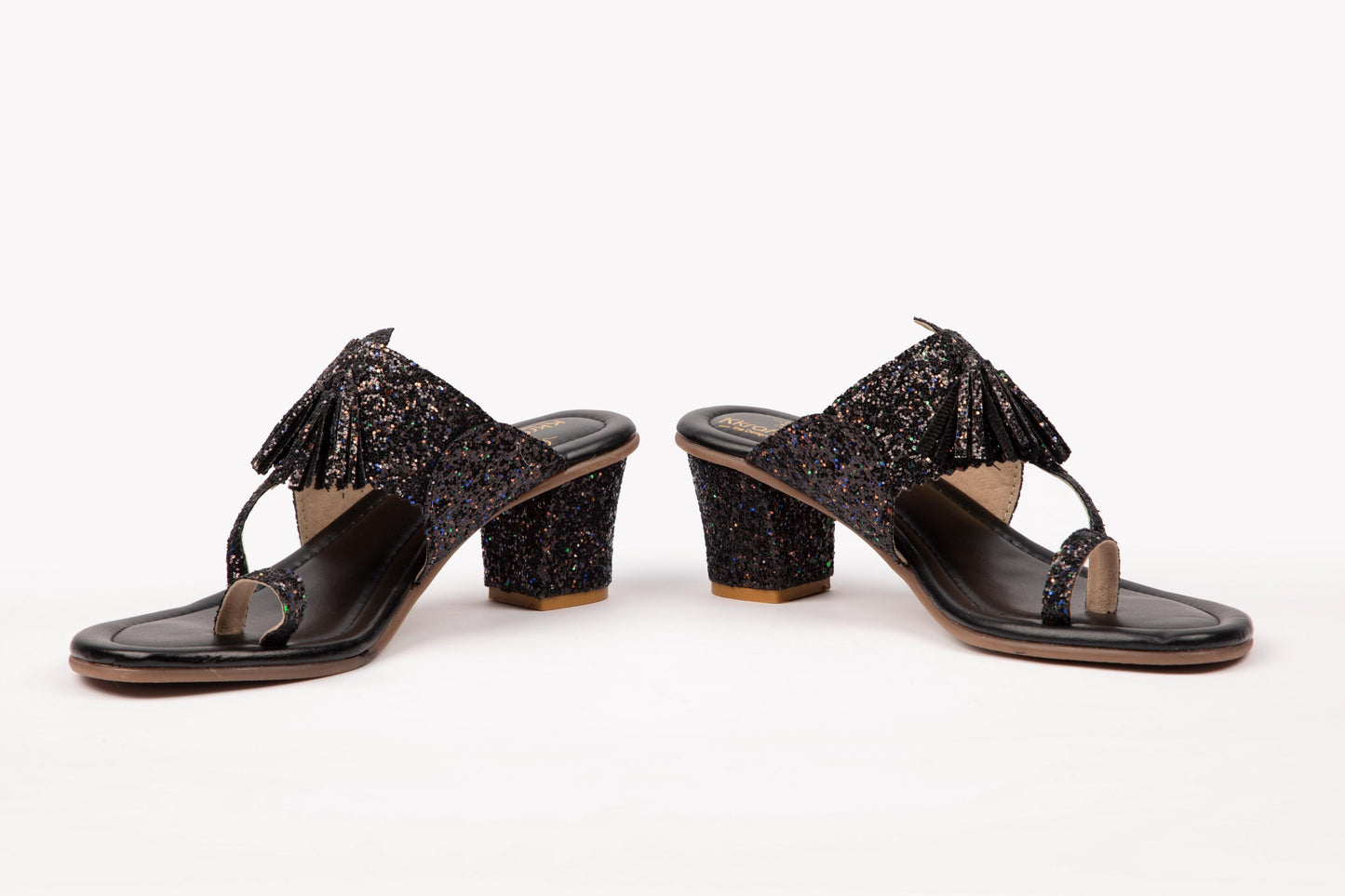Black Shimmer Block Heel Kolha Sandals