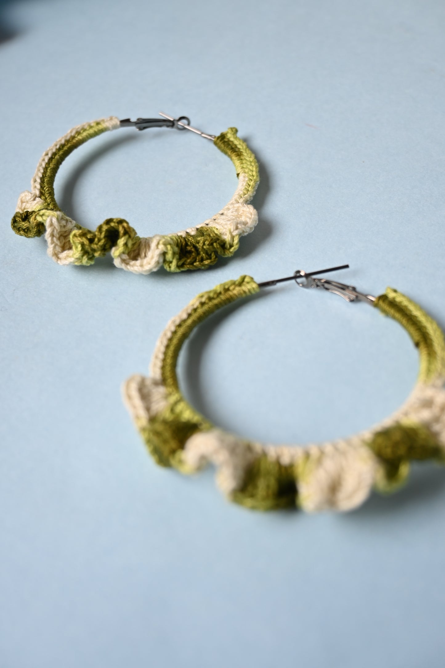Olive green tinted large crochet earrings