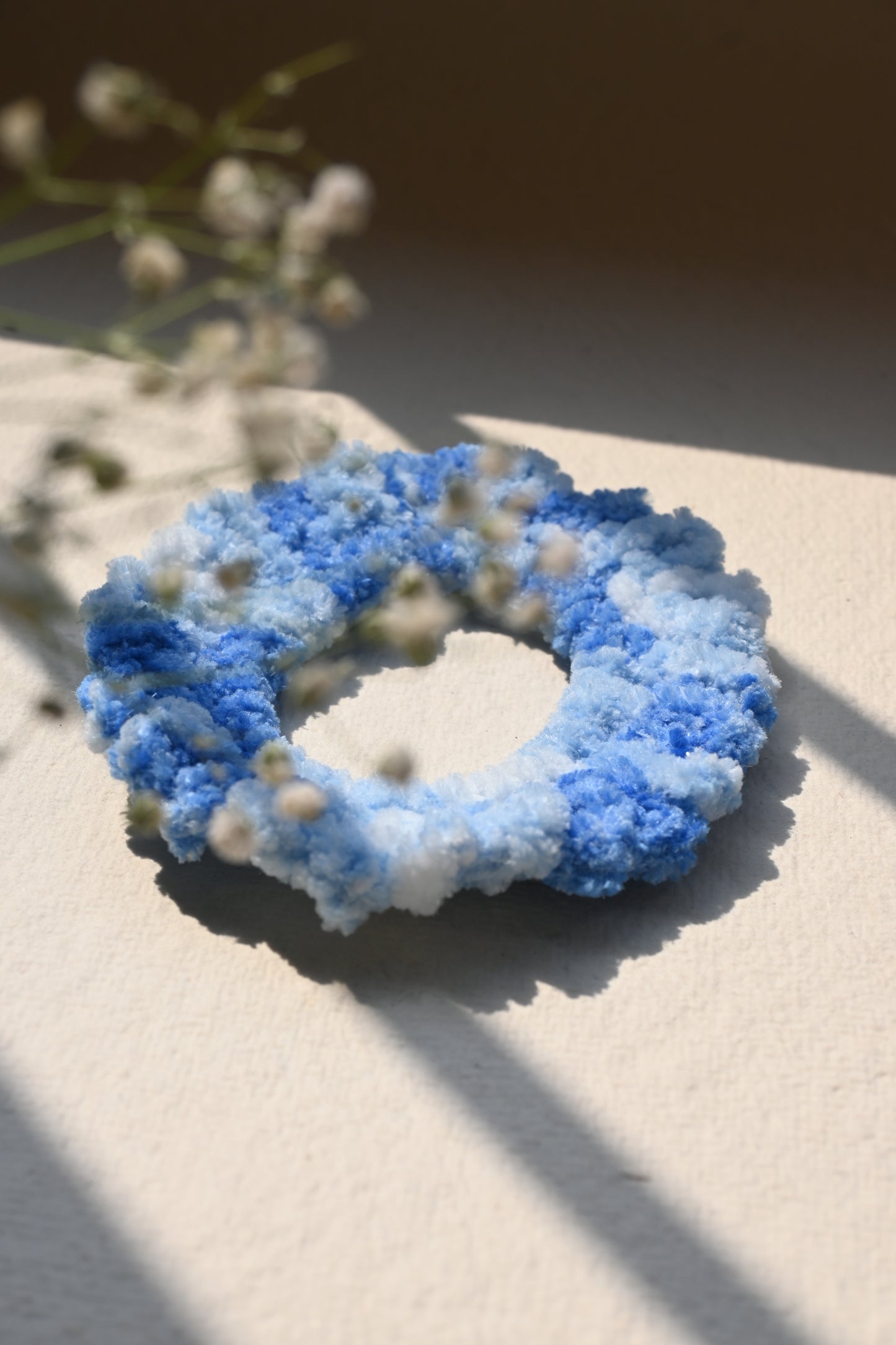 Blue linear design crochet velvet scrunchie
