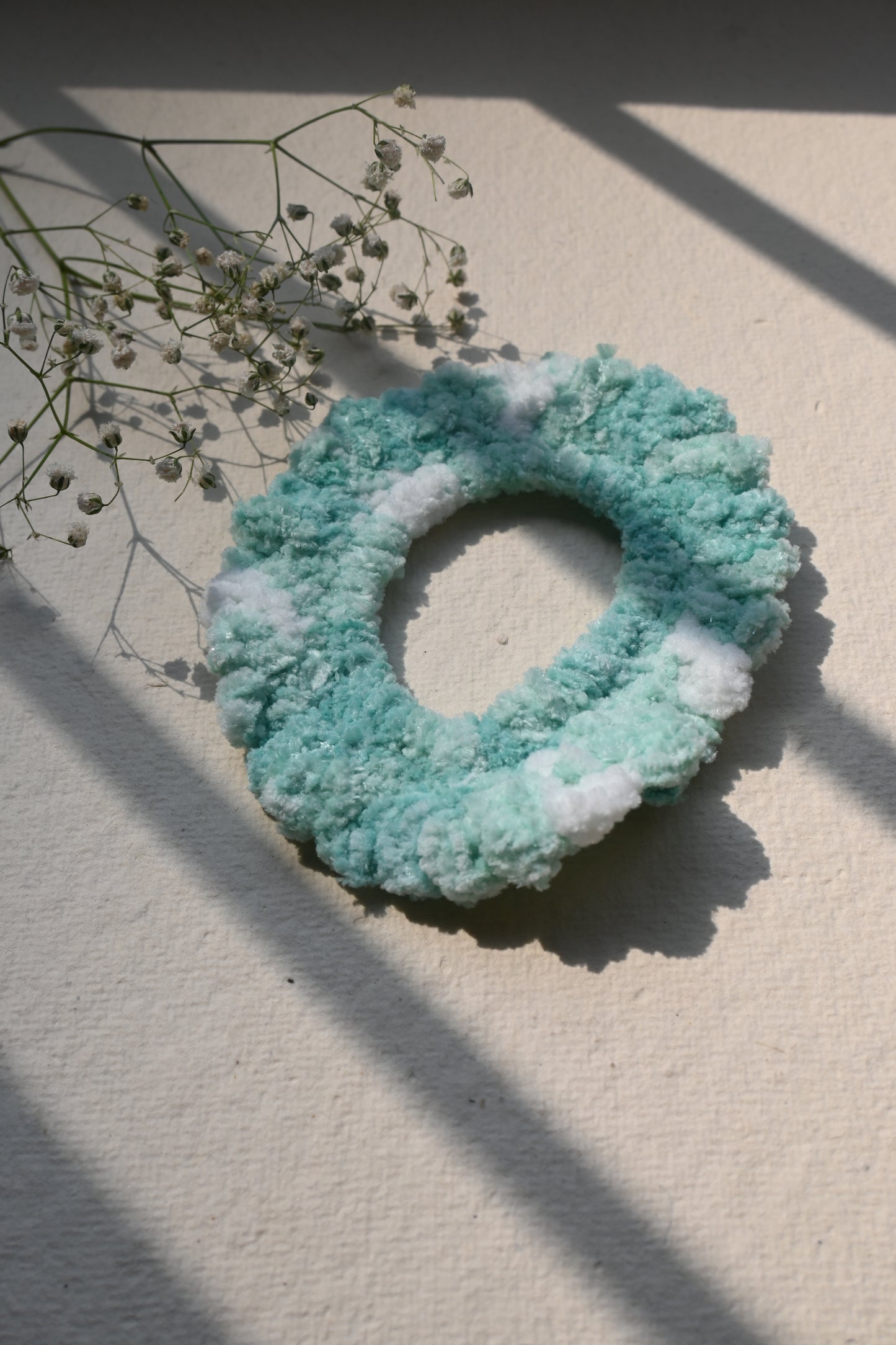 Sea blue design  crochet velvet scunchie