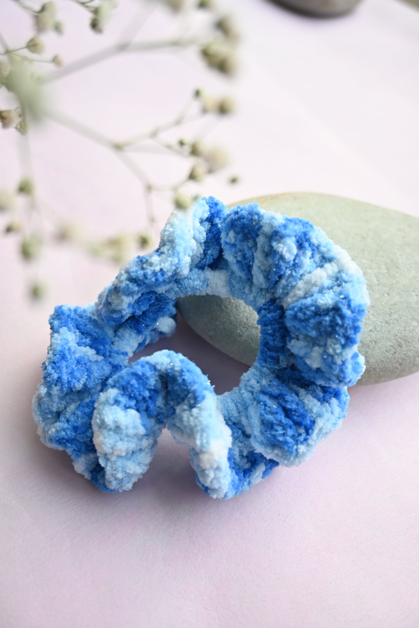 Blue crochet velvet scrunchie