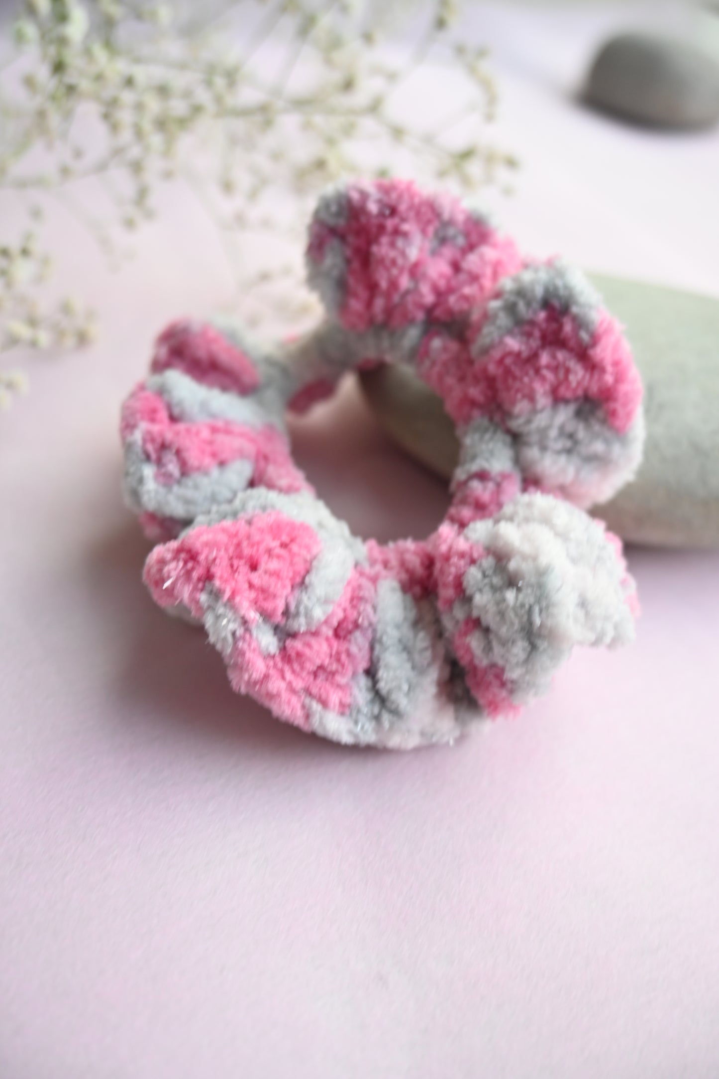 Pink & grey crochet velvet scrunchie