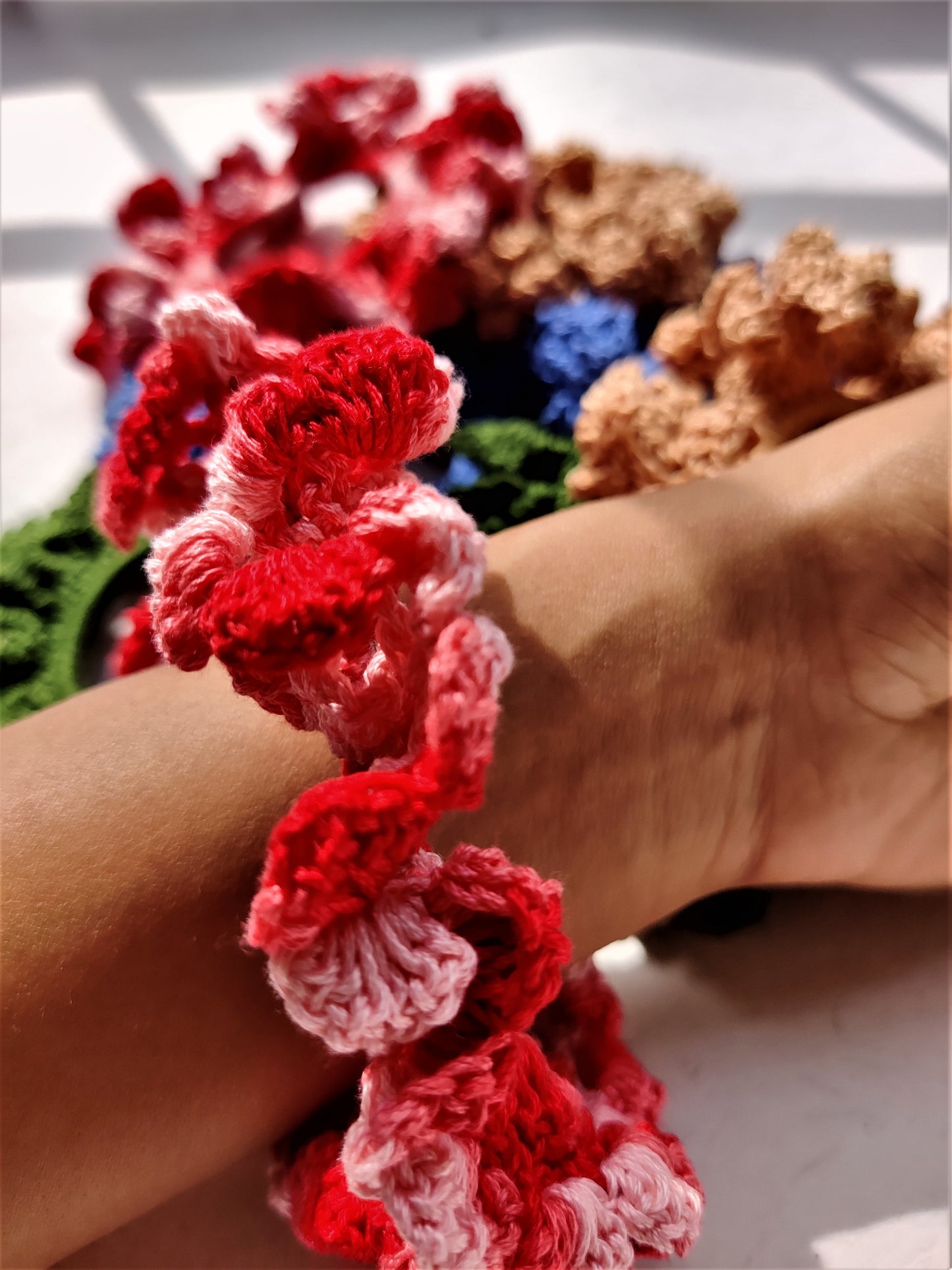 Crimson red tinted  crochet scrunchie