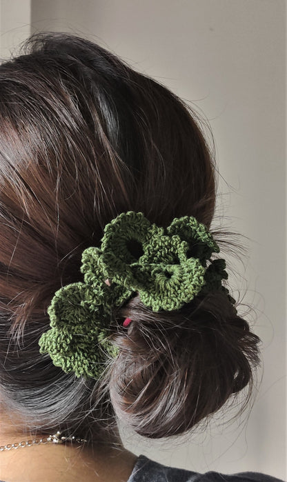 Olive green charms pattern crochet scrunchie