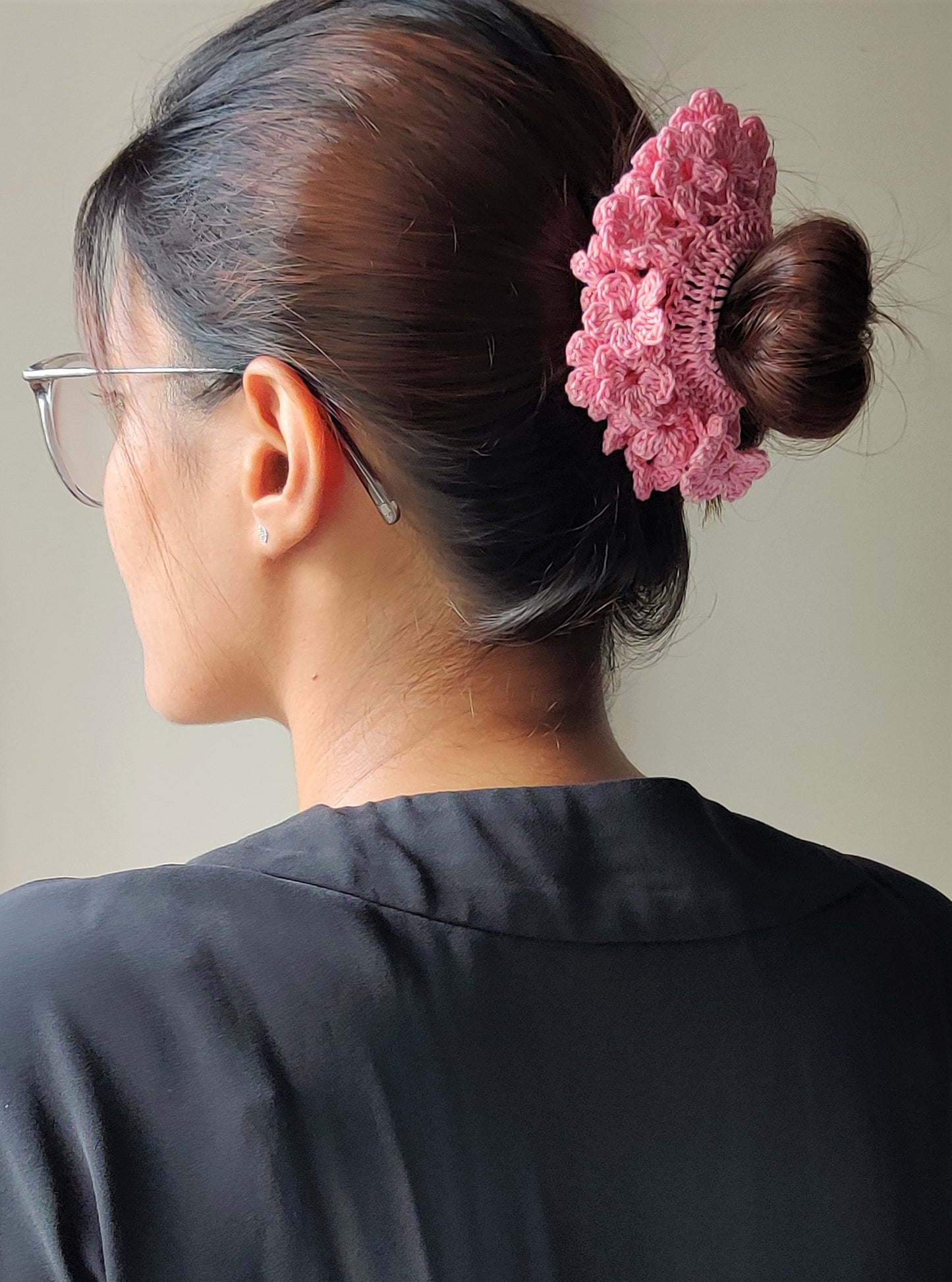 Light pink floral pattern crochet scrunchie