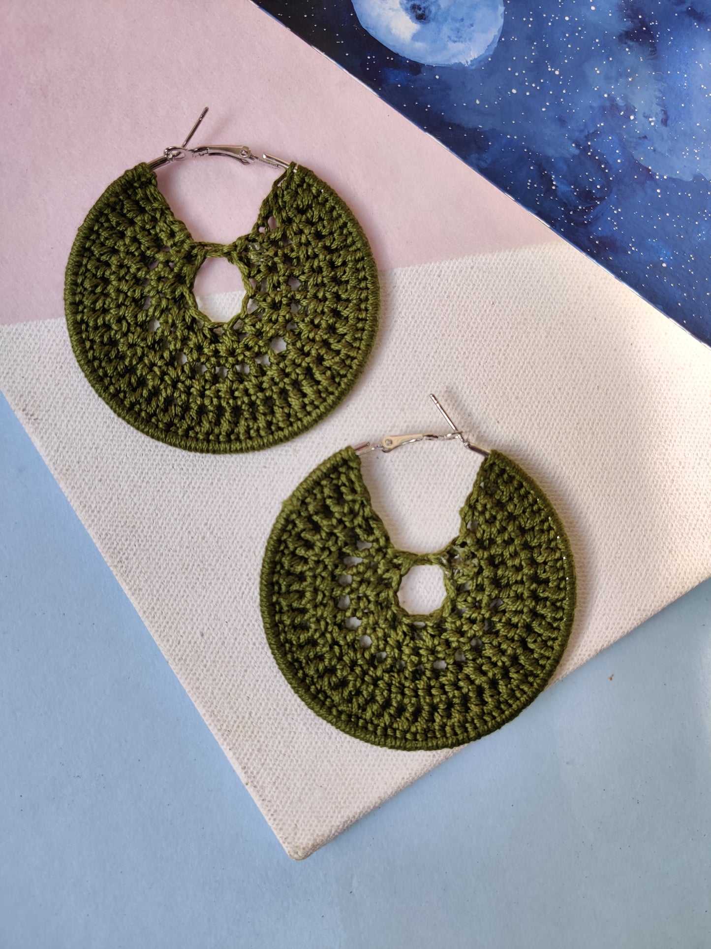 Olive green full moon crochet earrings