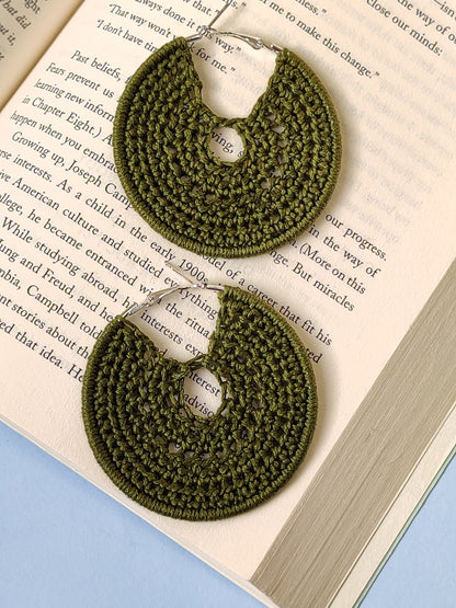 Olive green full moon crochet earrings