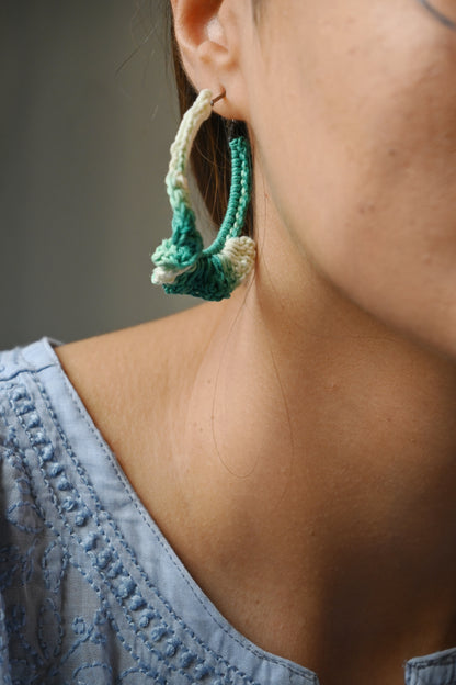 Green & white tinted small crochet earrings
