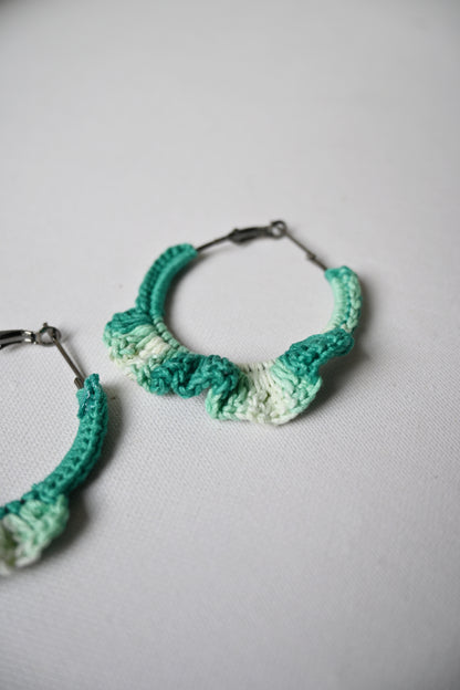 Green & white tinted small crochet earrings